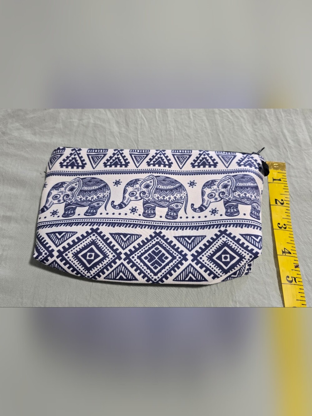 Bohemian Elephant Zipper Pouch Blue White Tribal Geometric Makeup Clutch - Picture 2 of 4